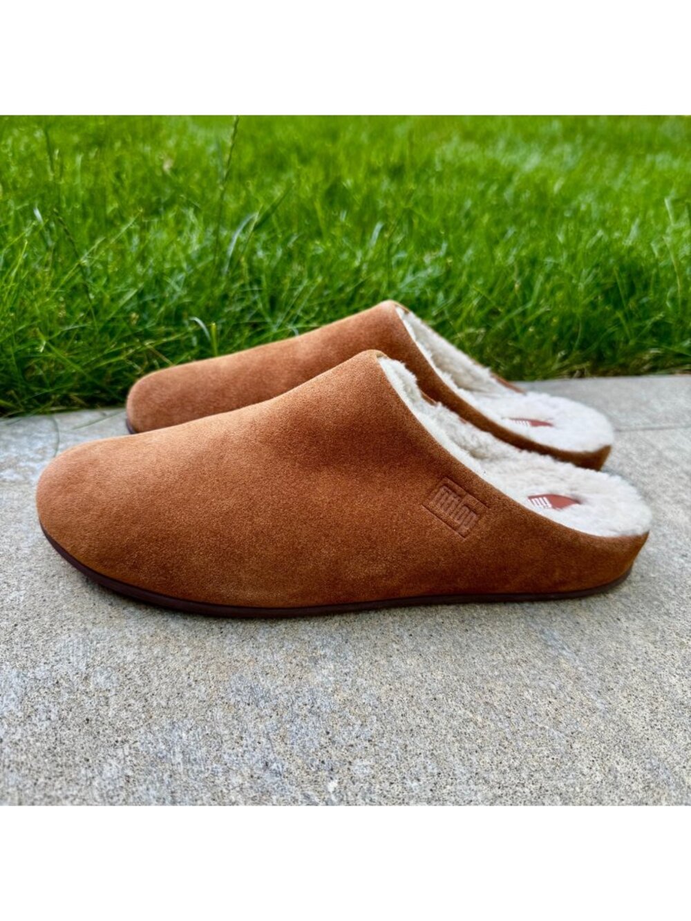FitFlop Chrissie Shearling Womens Suede Slip On Comfort Mule Slippers Tan US 9